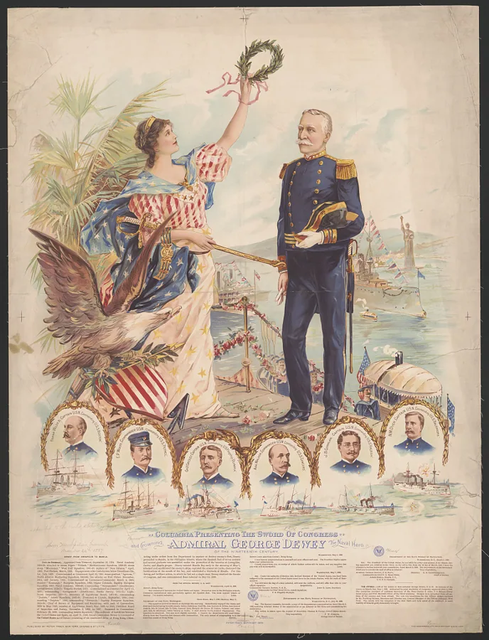 Gravura de 1899: Columbia entrega uma espada ao almirante Dewey.