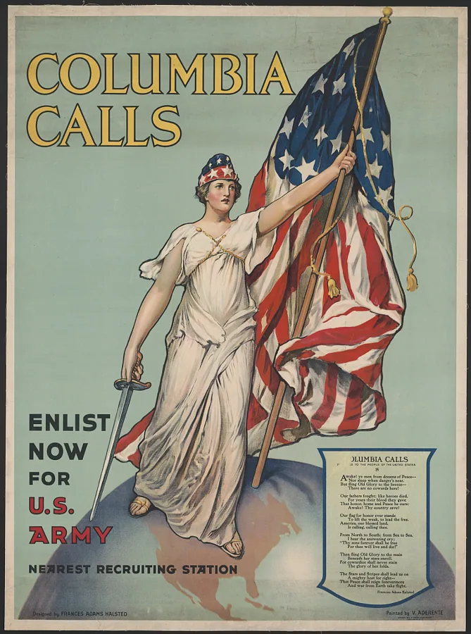 Cartaz de recrutamento de 1917: Columbia convoca o alistamento no exército norte-americano.
